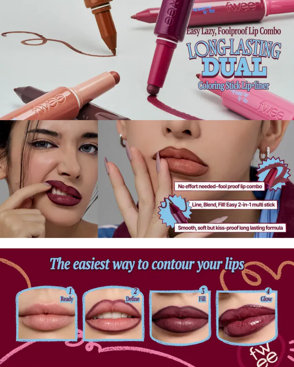 fwee - Long-Lasting Dual Coloring Stick Lip Liner - 6 Farver